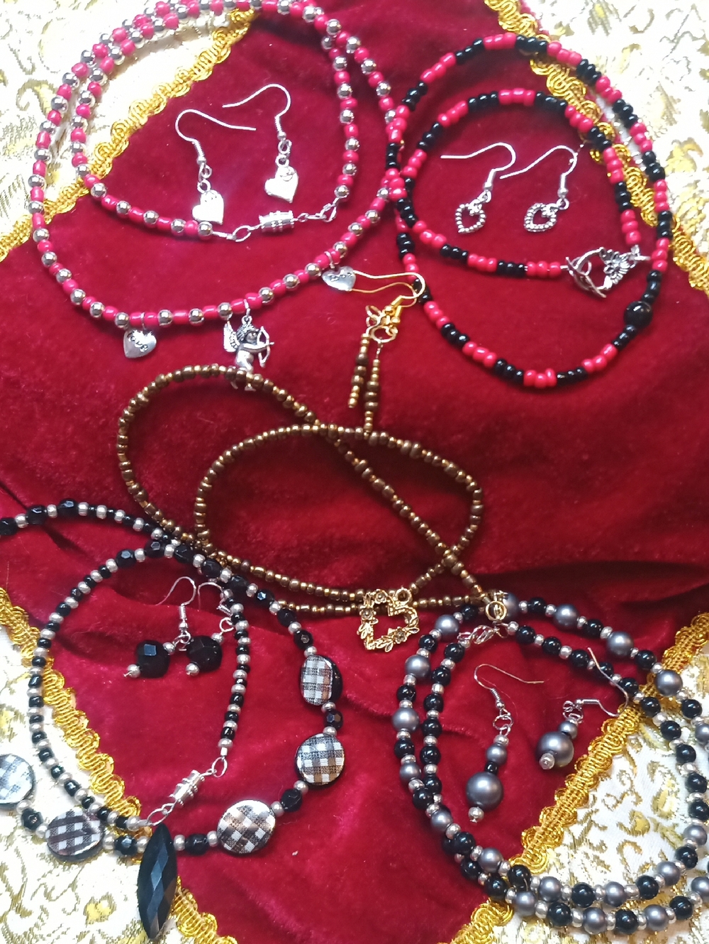 Bundle Of Handcrafted Red Gold & Black Beaded Women's Jewelry Sets - Hearts